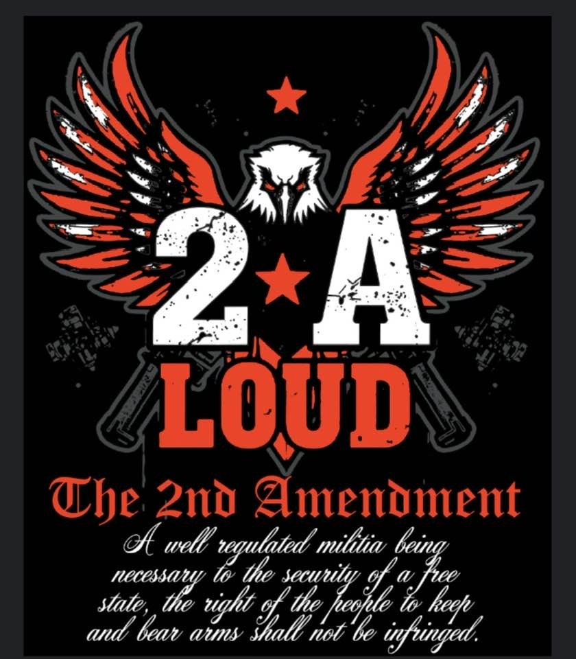 An artistic interpretation of an eagle holding 2 guns with text 2 A in front of it and the 2nd amendment text below it.